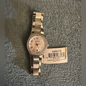 NWT (no box) Fossil Colleague Watch Women Silver Tone w/ Date Pink dial  6.25"